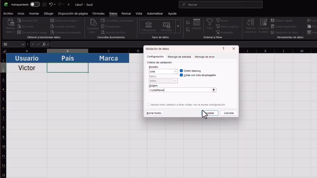 Paso 5. Configura la Validación de datos
